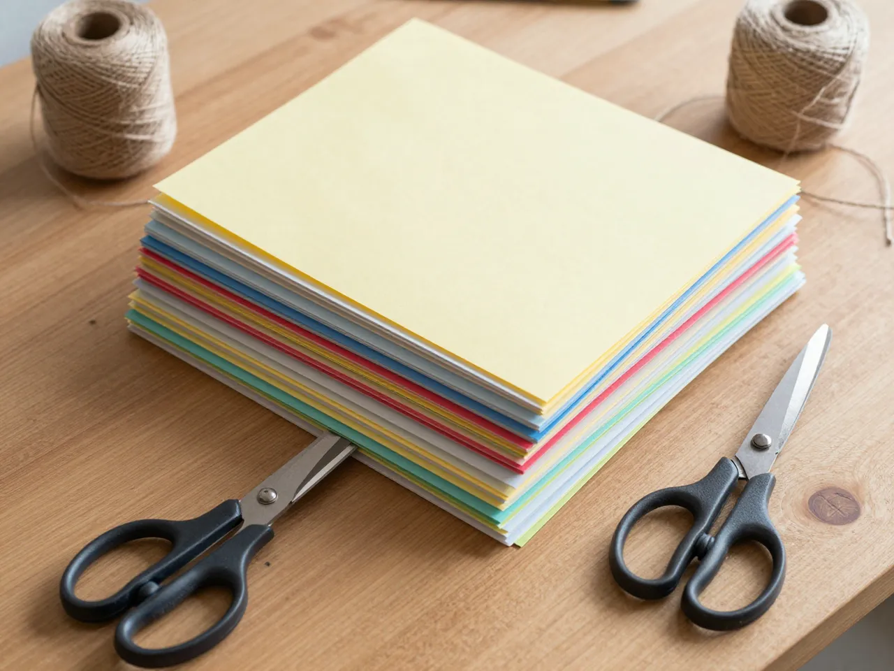 Top view of stacked colored paper, scissors, and twine spools on a light wooden craft table.
