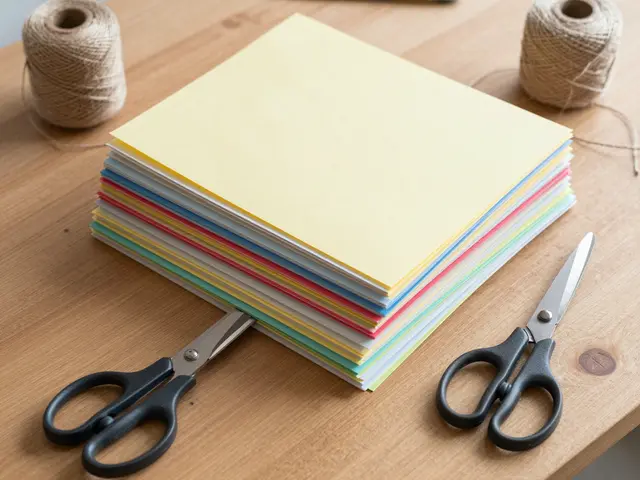 Top view of stacked colored paper, scissors, and twine spools on a light wooden craft table.