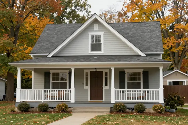 Light gray craftsman bungalow with a covered front porch framed by colorful autumn trees