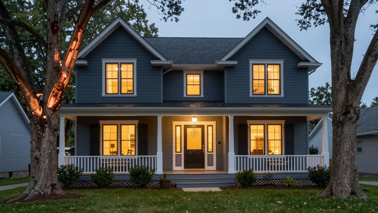 Dark blue two-story craftsman home with glowing windows and a wide front porch at twilight