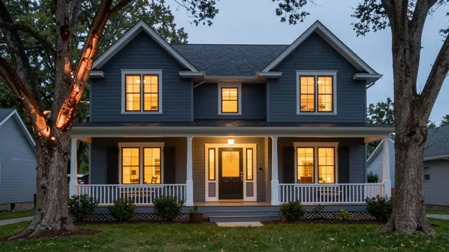 Dark blue two-story craftsman home with glowing windows and a wide front porch at twilight