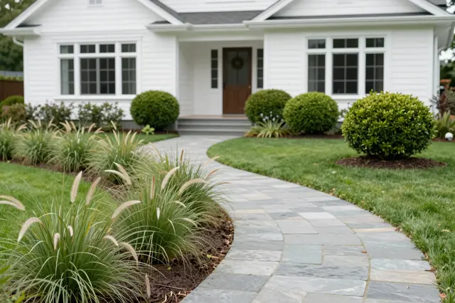 Curving flagstone path leads to a white craftsman home flanked by trimmed boxwood and feather grass landscaping