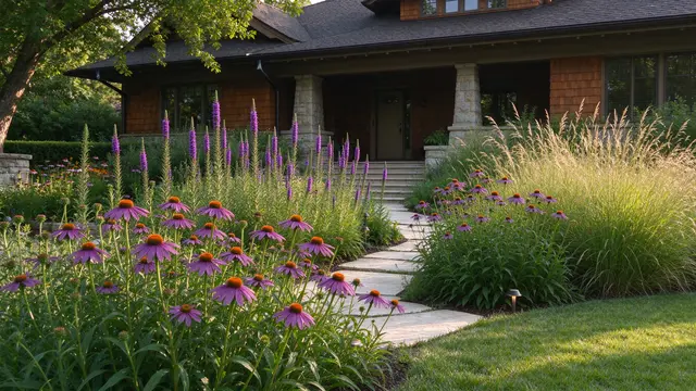 Sunlit front yard native prairie planting of coneflowers, liatris and switchgrass leads to a craftsman style house