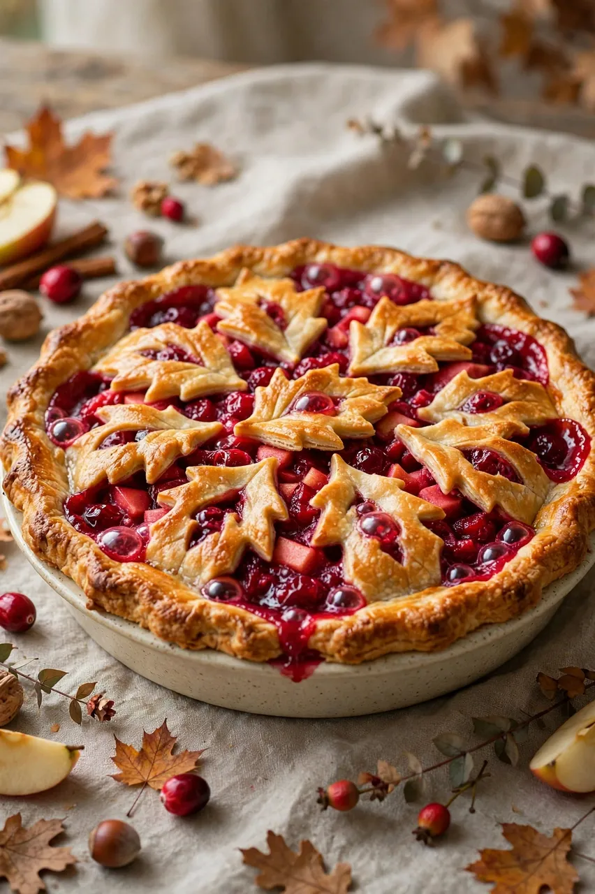 Fresh cranberry apple pie with leaf crust cutouts sits on a fall decorated linen tabletop in soft warm light