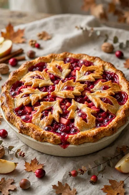 Fresh cranberry apple pie with leaf crust cutouts sits on a fall decorated linen tabletop in soft warm light