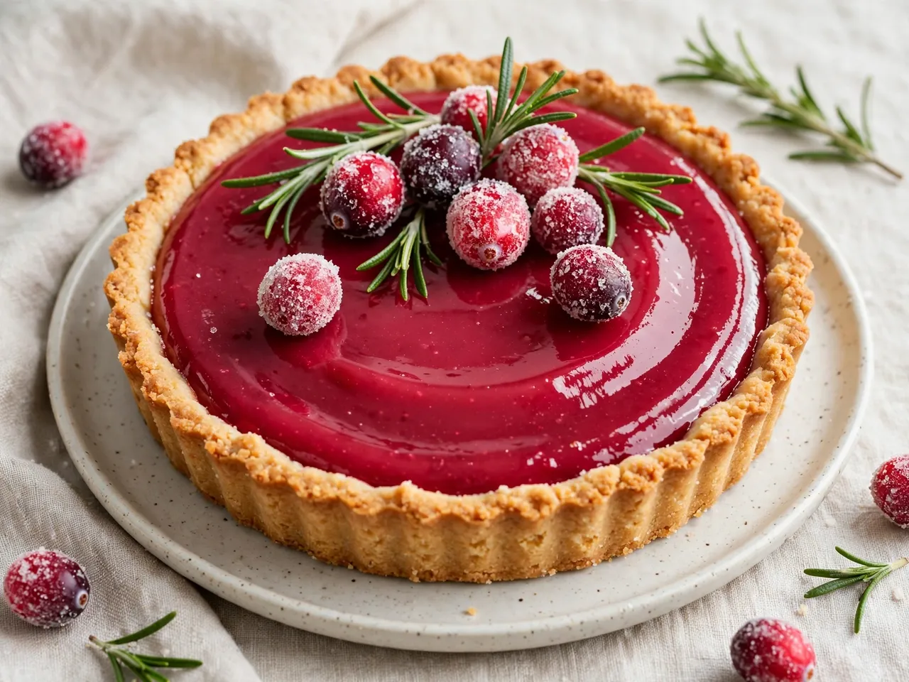 Glossy cranberry curd tart topped with sugared cranberries and rosemary sits on a speckled ceramic plate.