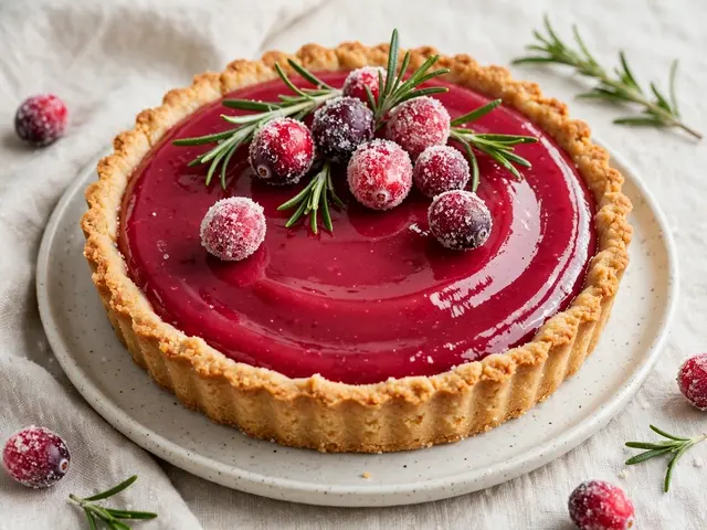 Glossy cranberry curd tart topped with sugared cranberries and rosemary sits on a speckled ceramic plate.