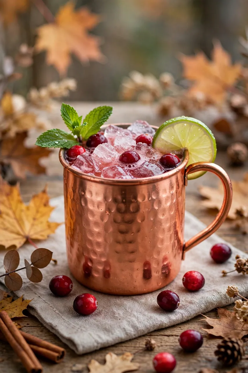 Hammered copper mug of cranberry ginger fizz garnished with cranberries, lime and mint on a fall wooden table