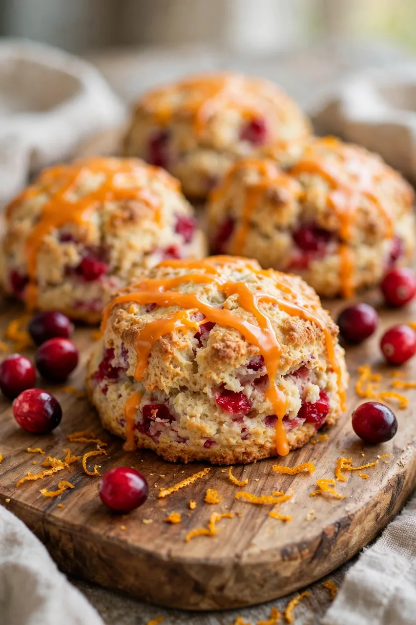 Drizzled cranberry orange scones sit on a wooden board scattered with cranberries and orange zest.