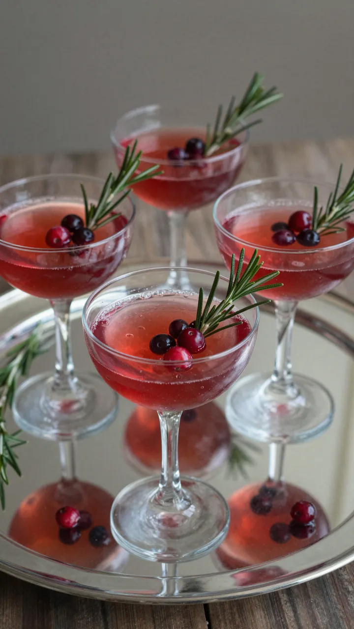 Four coupe glasses of red cranberry rosemary mocktails sit on a mirrored silver tray