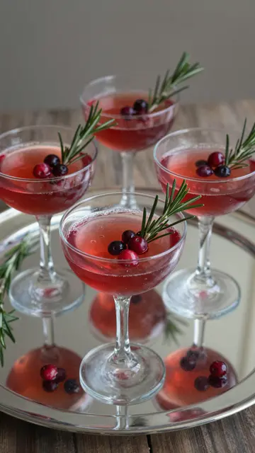 Four coupe glasses of red cranberry rosemary mocktails sit on a mirrored silver tray