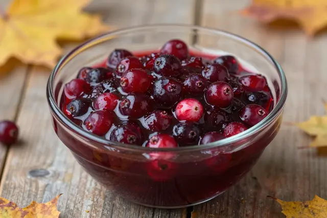 Glass bowl of whole cranberry sauce sits on a rustic wooden table scattered with fall maple leaves