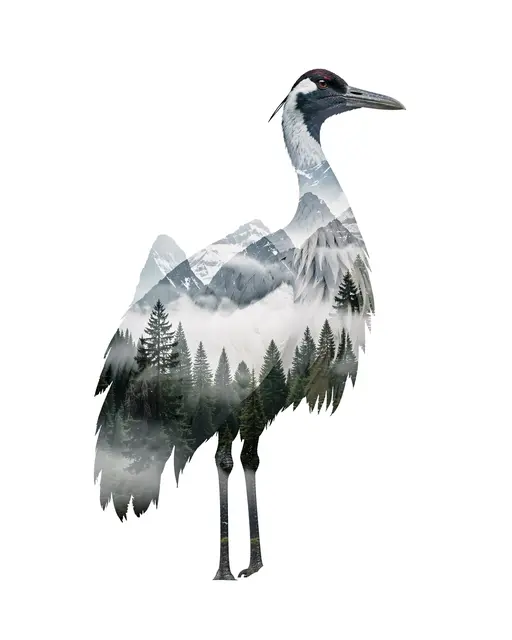 Double exposure crane silhouette filled with misty mountains and pine trees against a plain white background