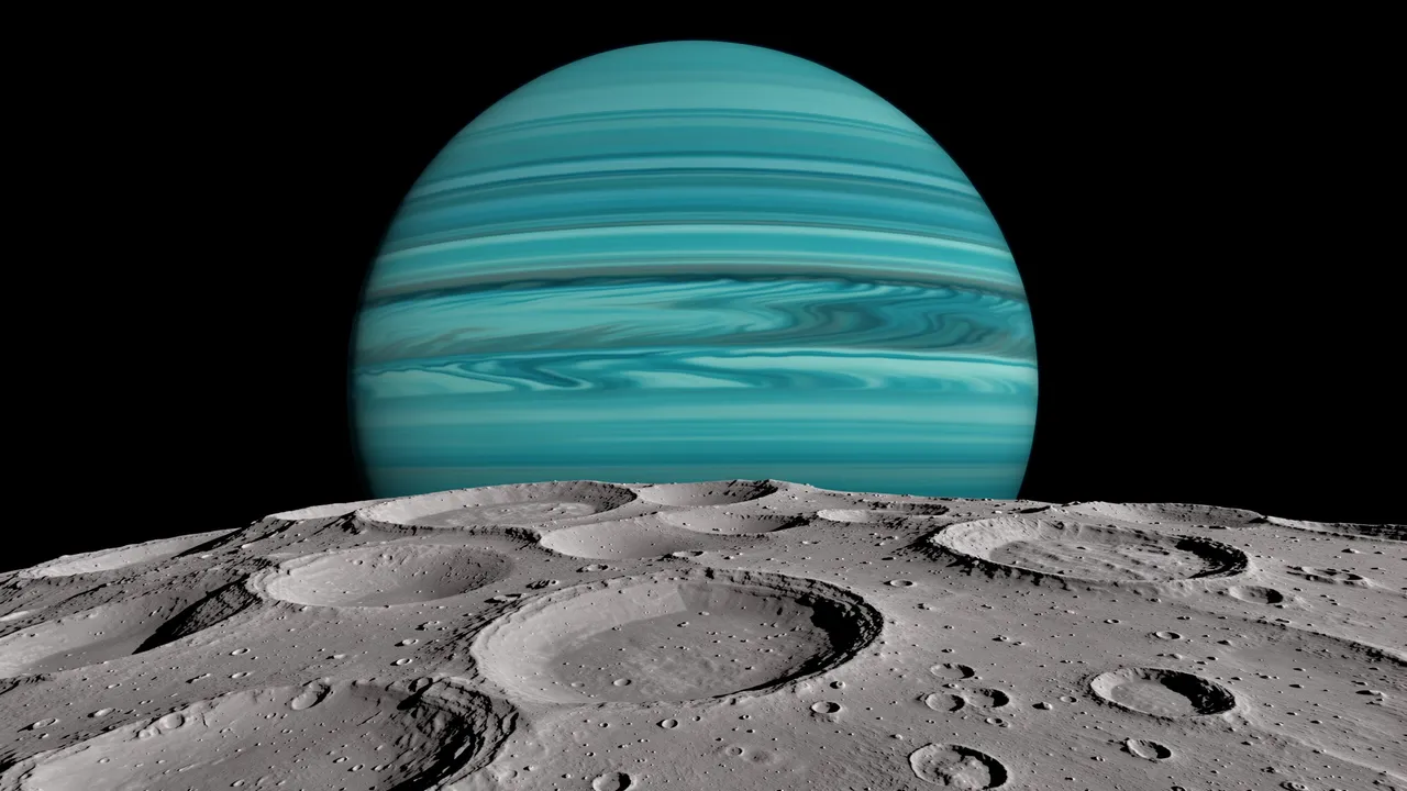 A gray cratered moon surface sits below a large banded teal gas giant in black deep space