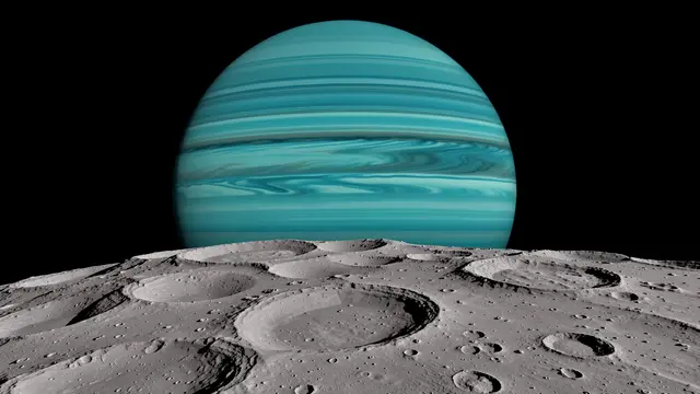 A gray cratered moon surface sits below a large banded teal gas giant in black deep space