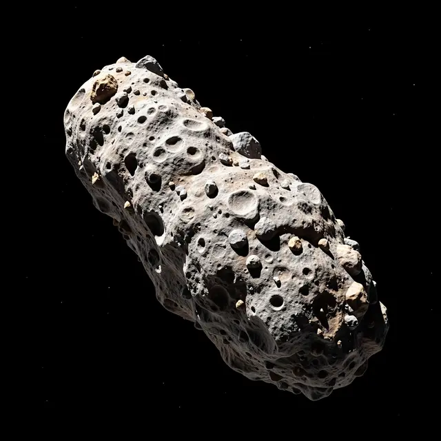 Elongated cratered asteroid with scattered boulders floats against the black expanse of deep space