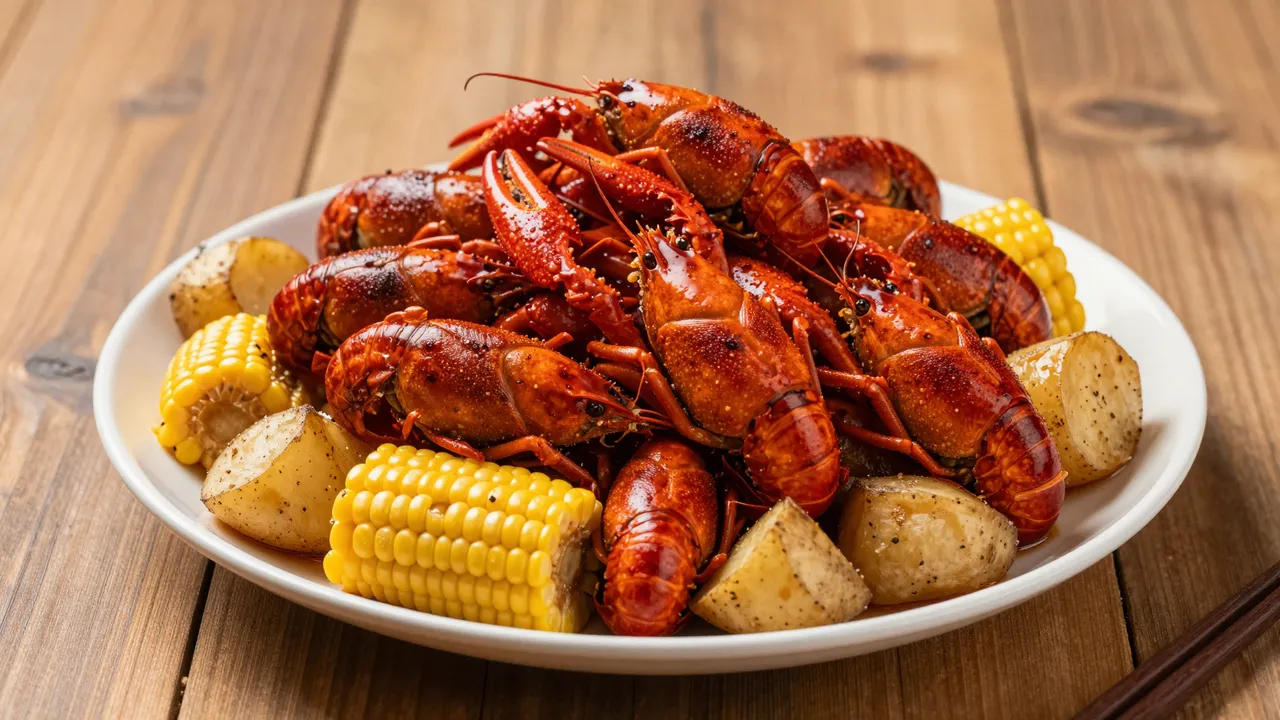 A plate of cooked red crawfish, corn, and seasoned potatoes sits on a rustic wooden table