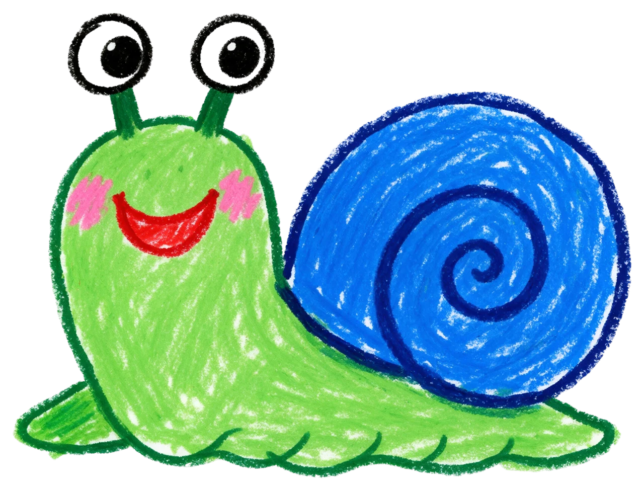 Hand-drawn crayon illustration of a happy smiling snail with a spiral blue shell