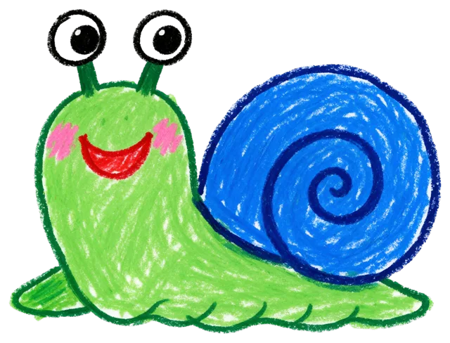 Hand-drawn crayon illustration of a happy smiling snail with a spiral blue shell