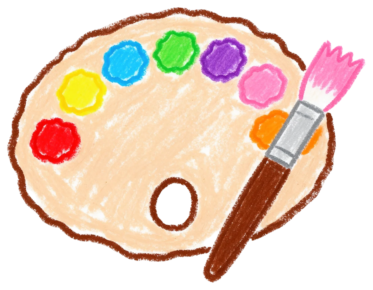 Childlike crayon drawing of a paint palette with colorful paint dabs and a paintbrush