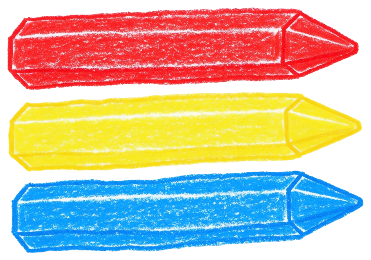 Wobbly hand-drawn red, yellow, and blue crayons lying side by side