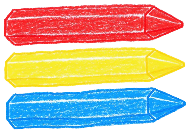 Wobbly hand-drawn red, yellow, and blue crayons lying side by side