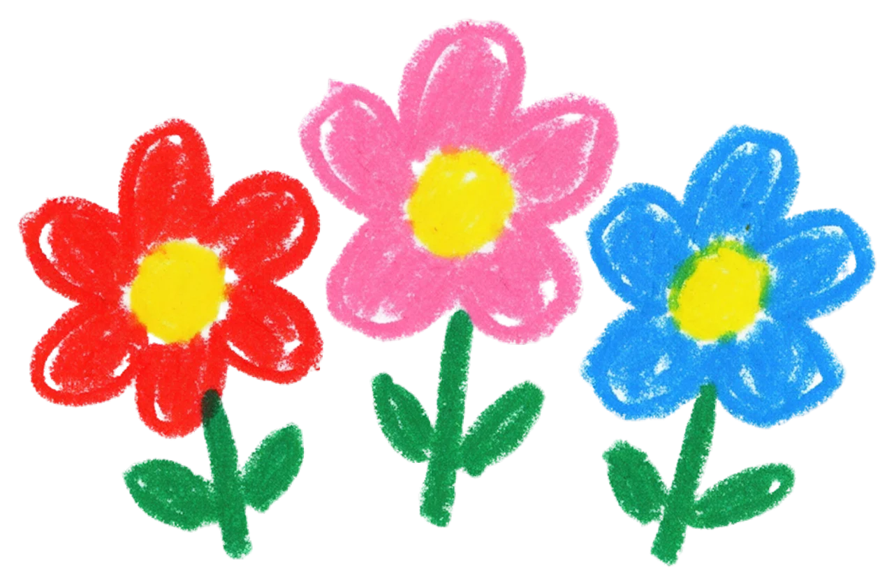 Childlike waxy crayon drawing of three colorful simple flowers with green stems