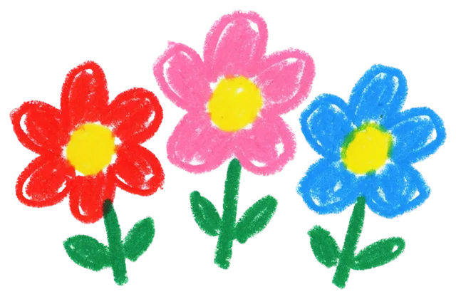 Childlike waxy crayon drawing of three colorful simple flowers with green stems
