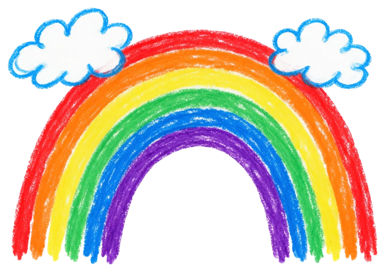 Bright childlike crayon drawing of a rainbow with small clouds at both upper ends