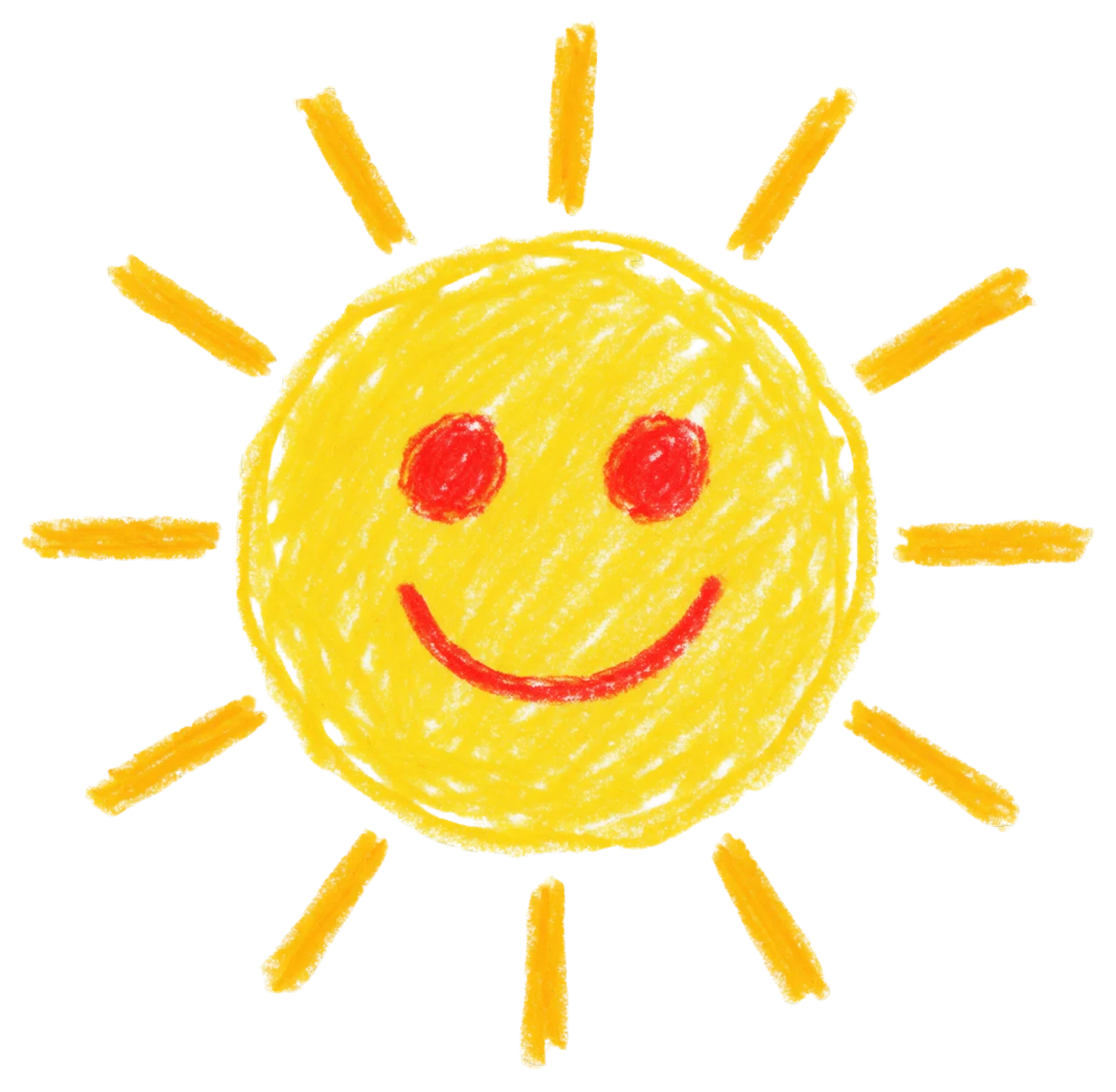 Hand-drawn smiling sun with waxy crayon texture and short radiating rays