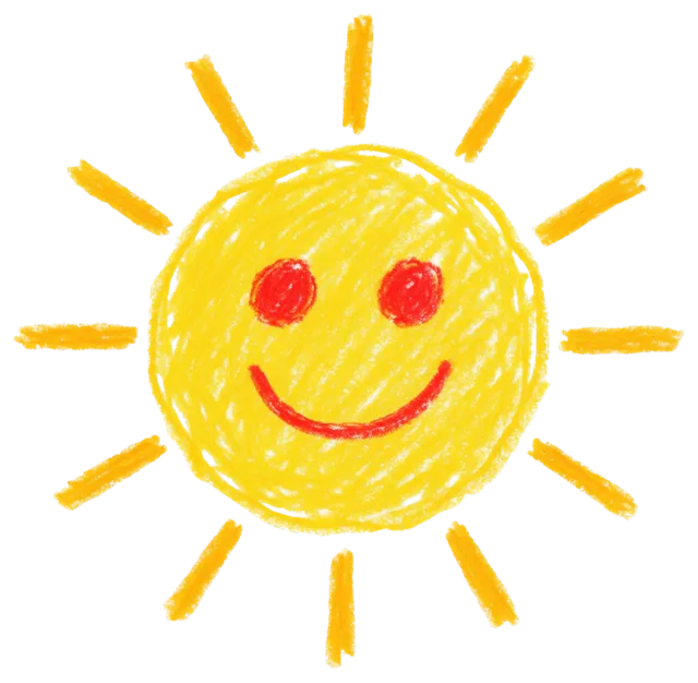 Hand-drawn smiling sun with waxy crayon texture and short radiating rays