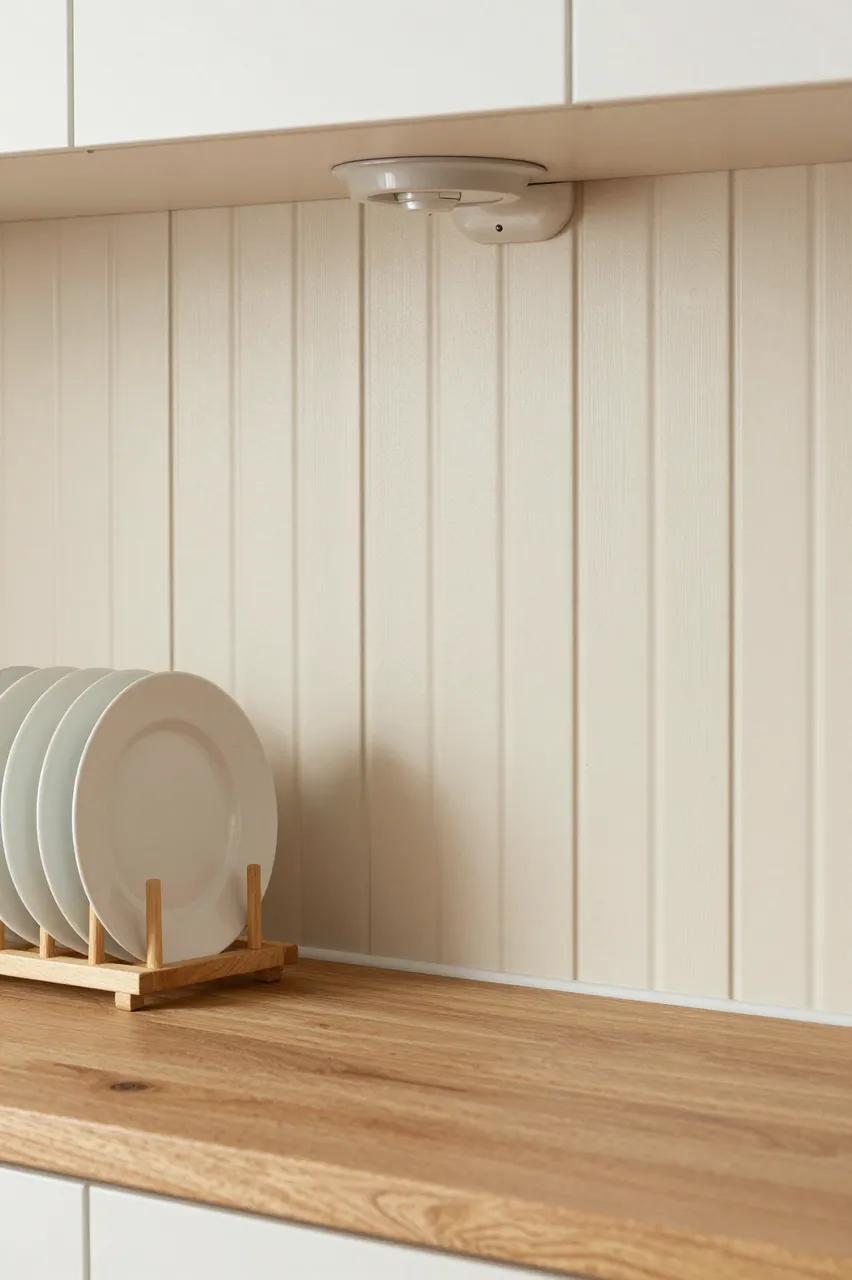 A wooden counter holds a plate rack of white dishes against a cream beadboard kitchen backsplash