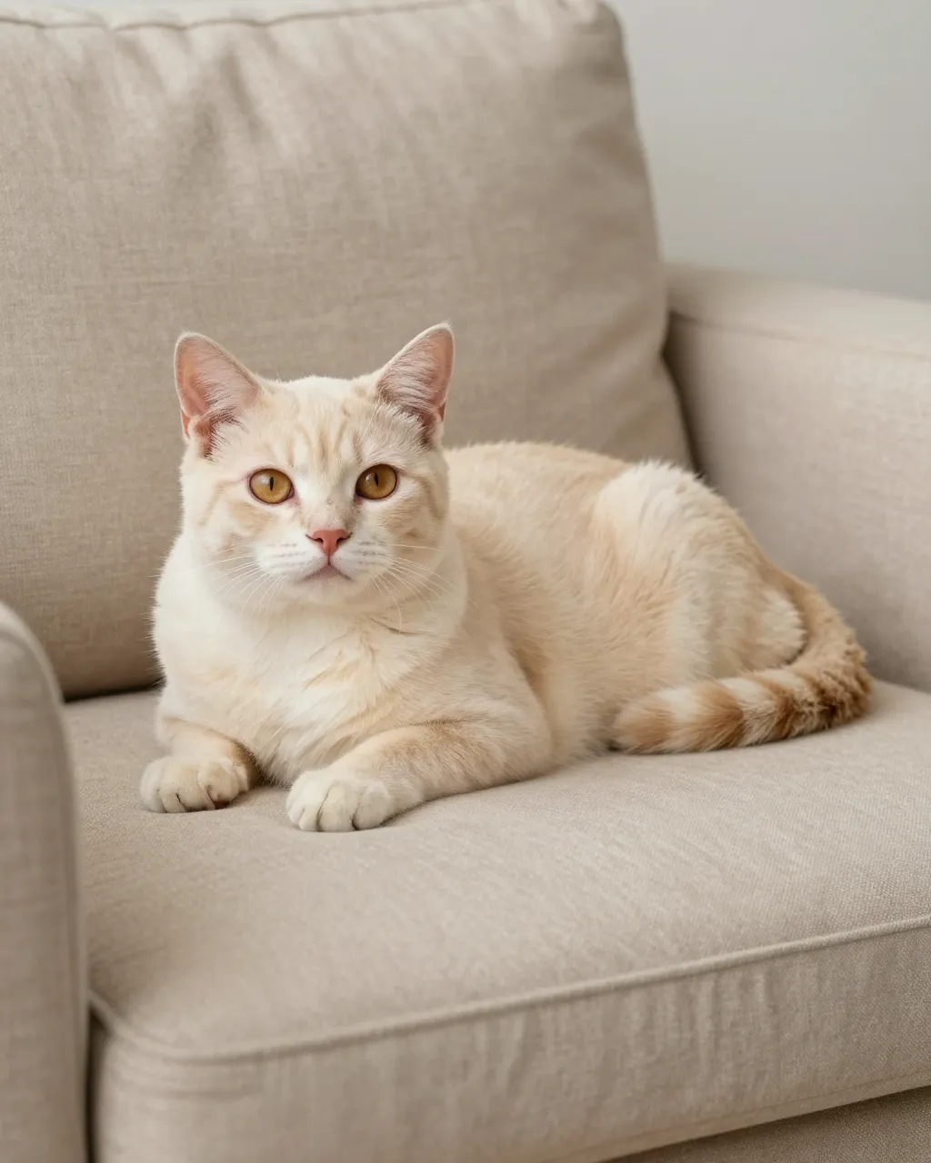 A cream domestic cat with amber eyes lounges calmly on a beige linen sofa