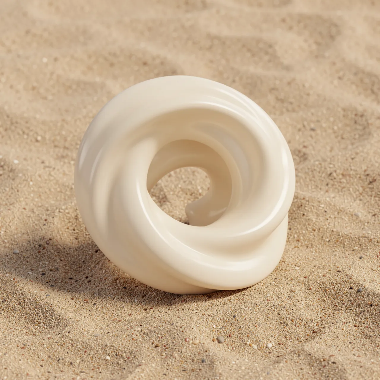 A smooth glossy twisted cream ceramic abstract sculpture rests on fine textured sand
