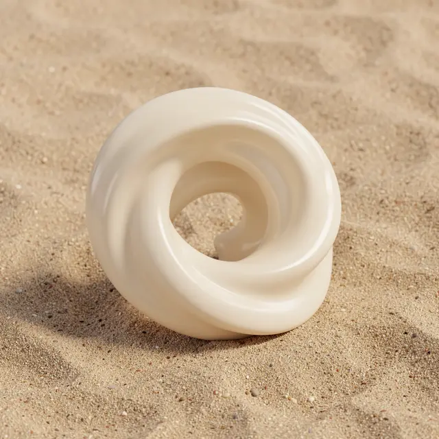 A smooth glossy twisted cream ceramic abstract sculpture rests on fine textured sand
