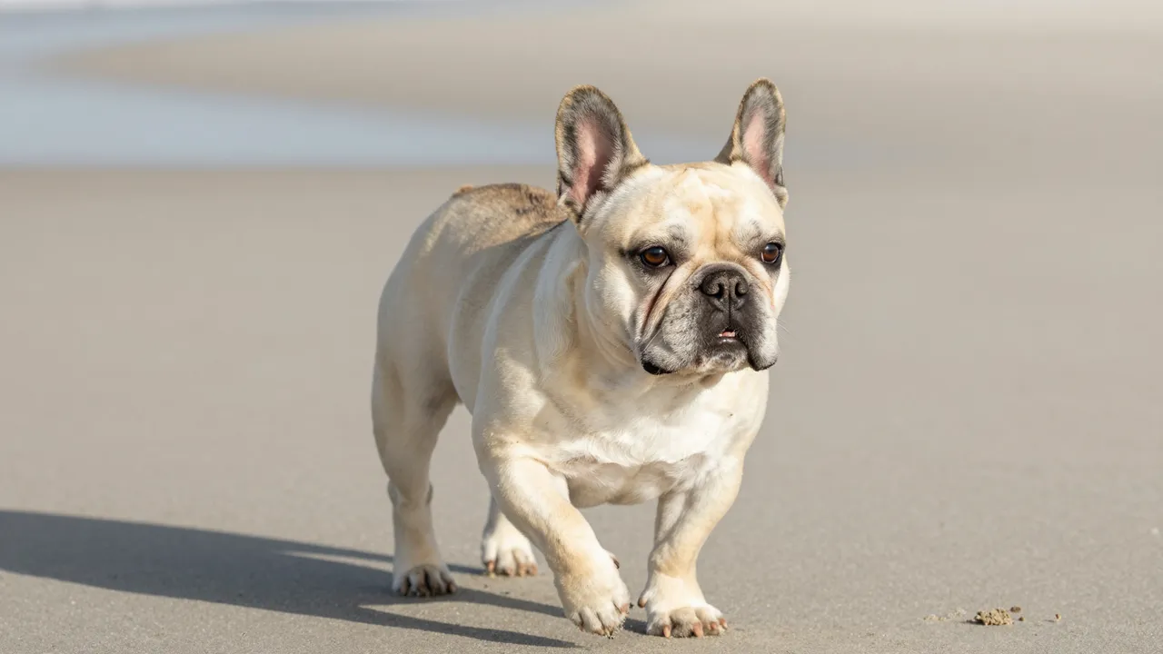 A cream French bulldog walks across smooth wet beach sand under bright morning light.