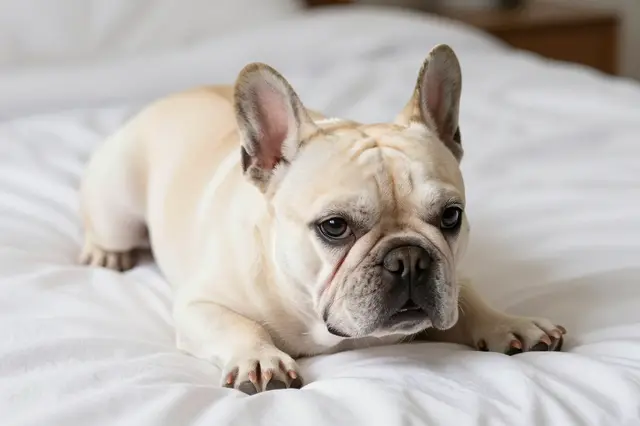 A cream colored French bulldog lies on soft white bed linens in gentle morning light.