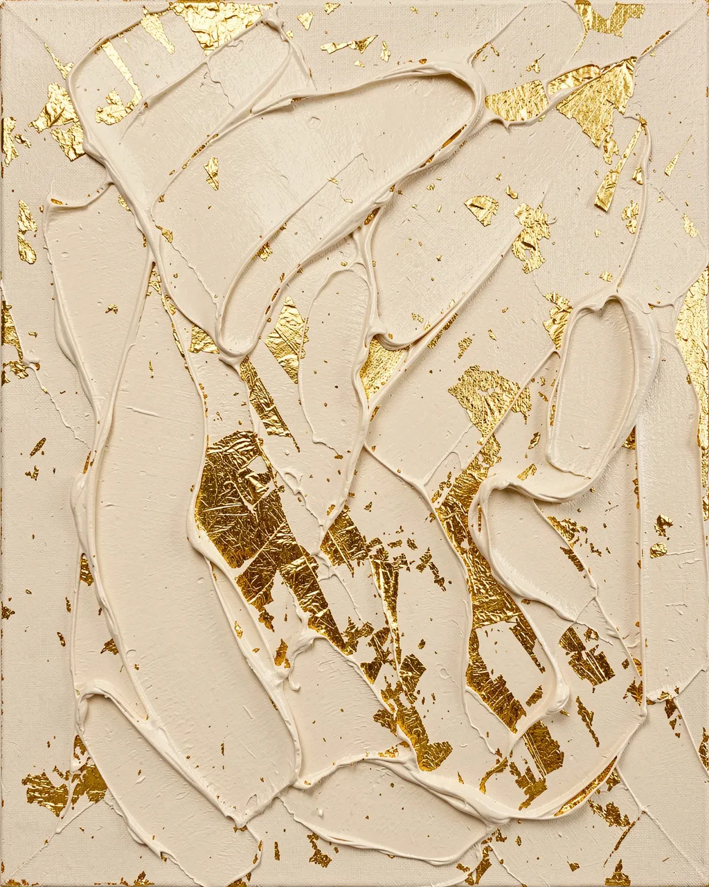 Thick raised plaster abstract painting in cream with scattered metallic gold leaf accents