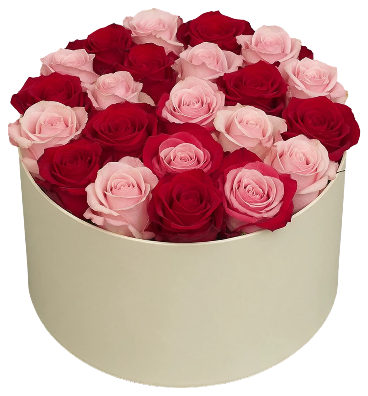 Round cream hat box filled with tightly arranged deep red and blush pink roses viewed from a high angle