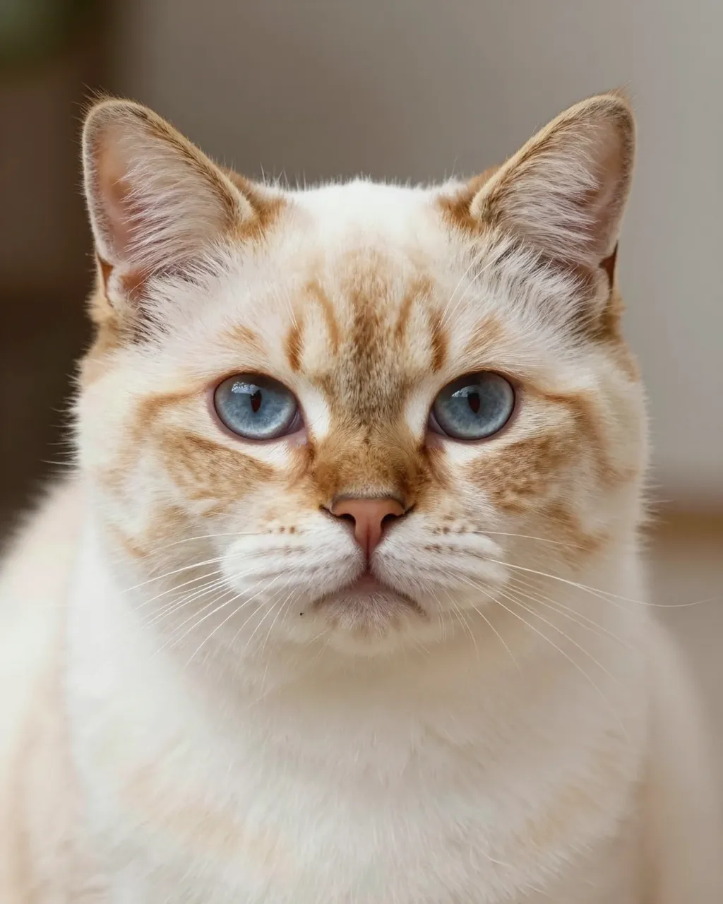 Close-up head portrait of a cream Himalayan cat with ginger markings and bright blue eyes facing the camera directly