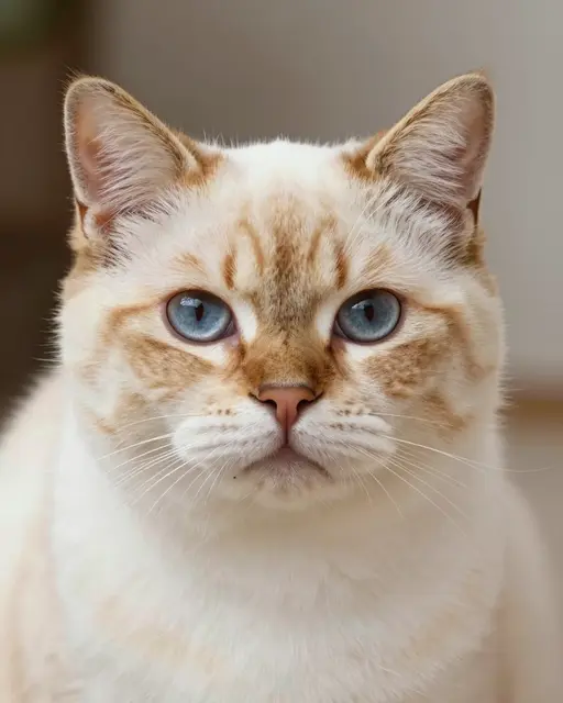 Close-up head portrait of a cream Himalayan cat with ginger markings and bright blue eyes facing the camera directly