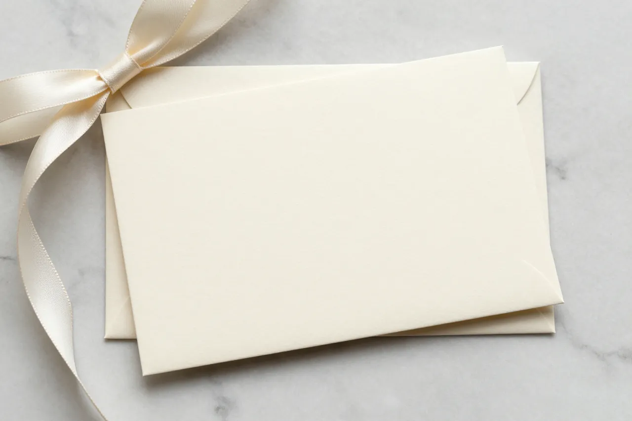 Blank cream invitation card rests on a matching envelope with a silk satin ribbon on light gray marble