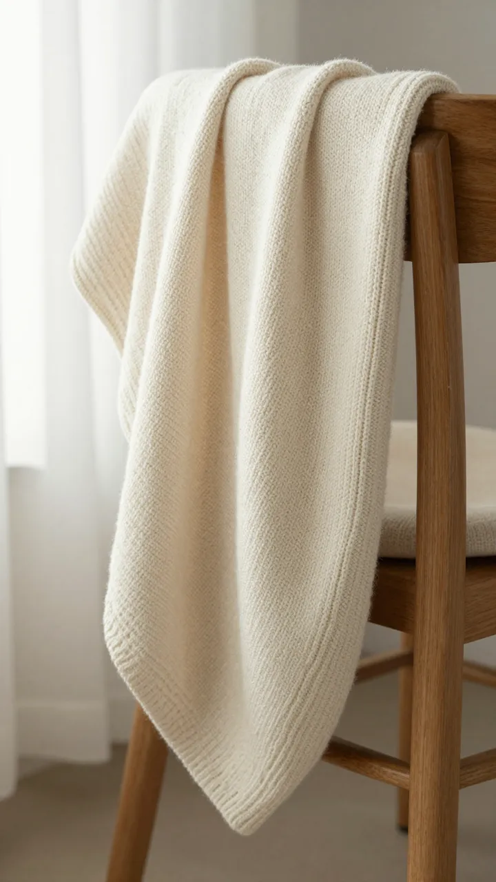 A soft cream knitted blanket draped over a wooden chair in gentle window light beside sheer curtains.