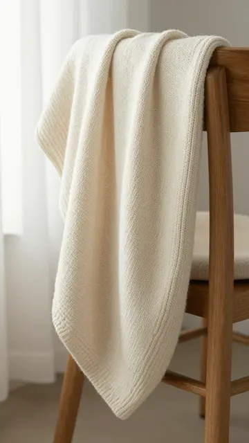 A soft cream knitted blanket draped over a wooden chair in gentle window light beside sheer curtains.