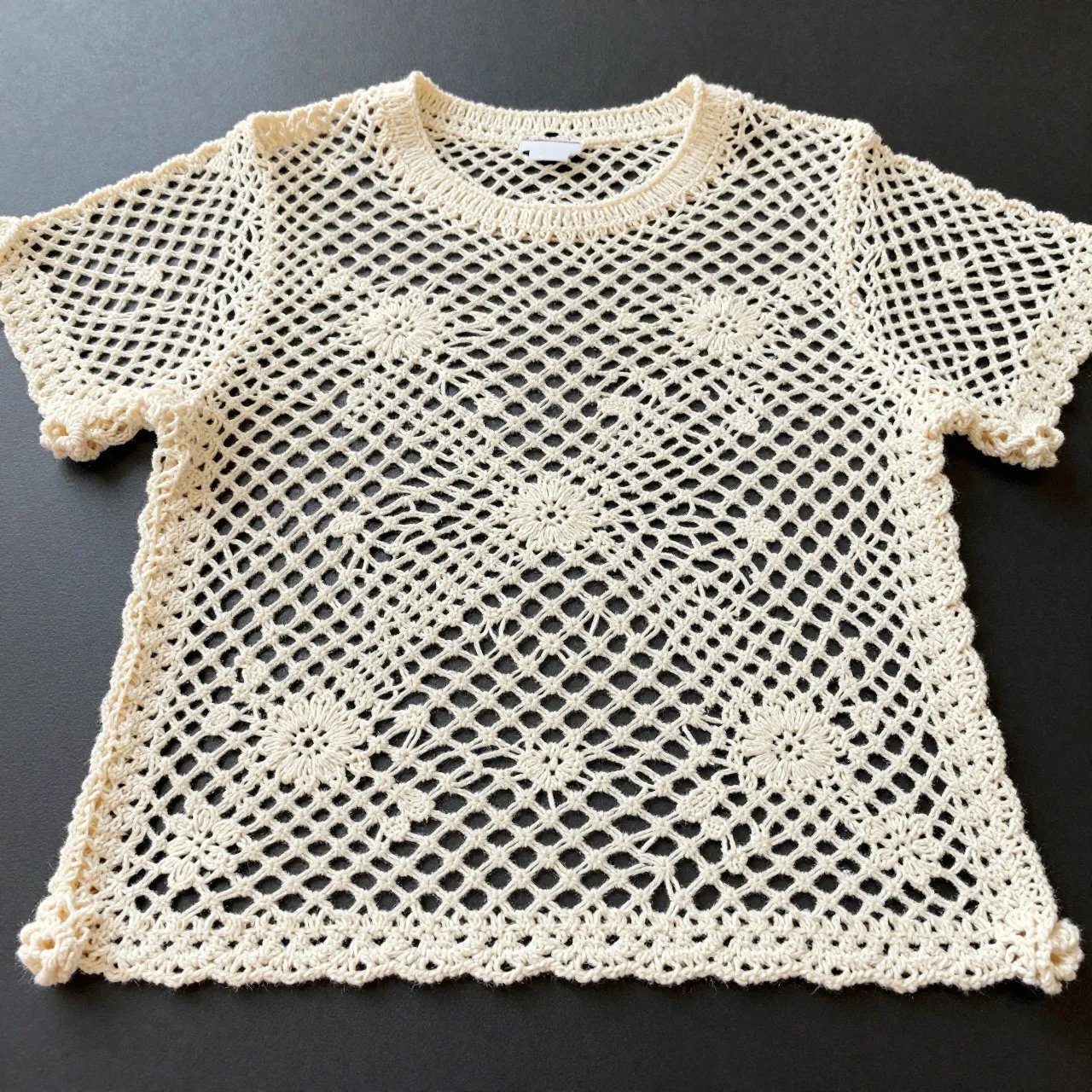 Cream open lacy crochet t-shirt laid flat on a dark matte surface