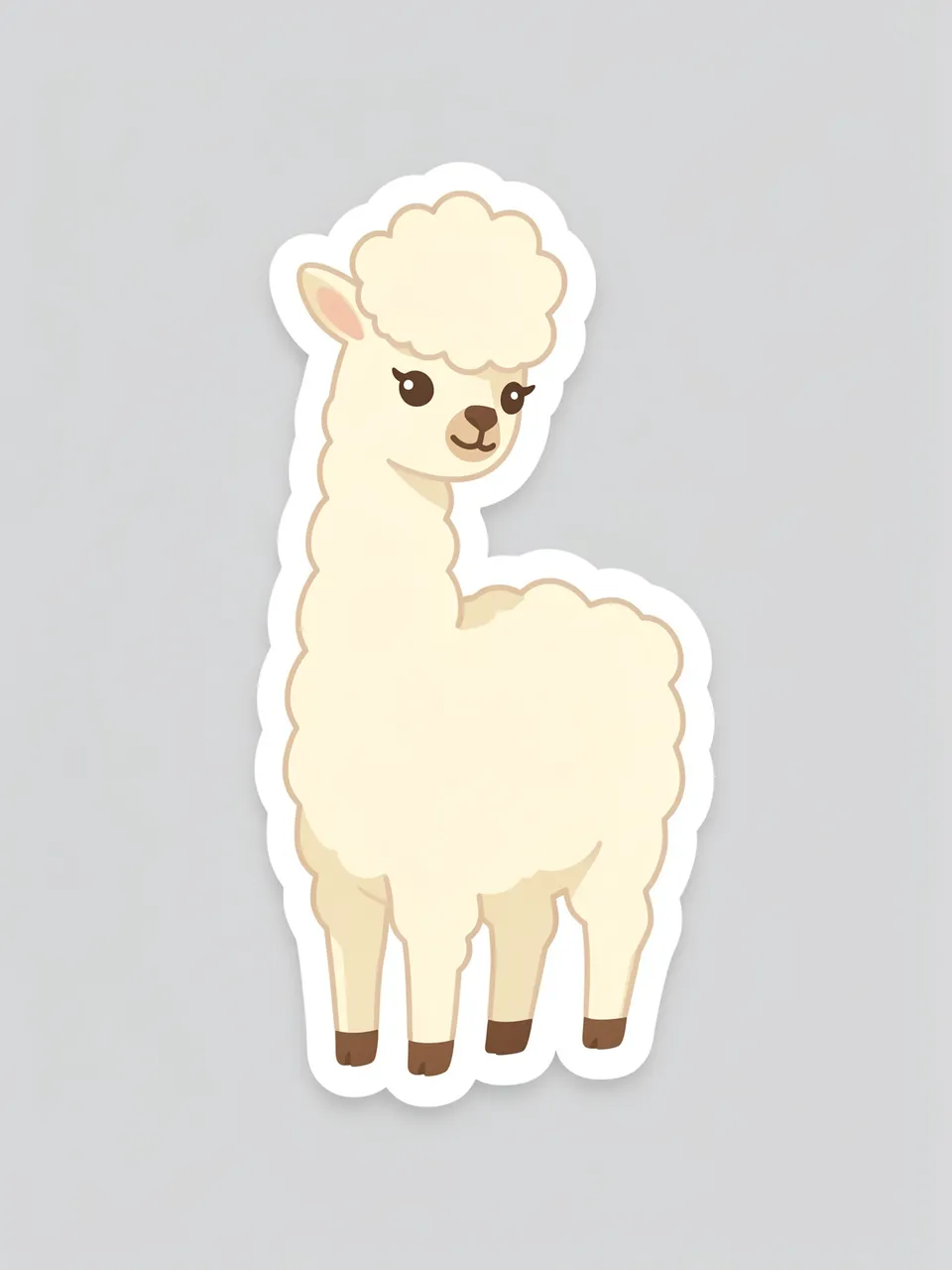 Cute flat illustration sticker of a fluffy cream llama with a white border on a light gray background