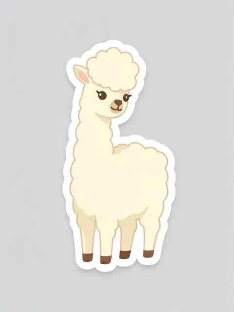 Cute flat illustration sticker of a fluffy cream llama with a white border on a light gray background