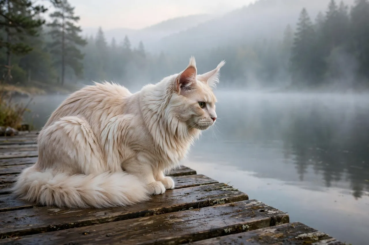 A long cream Maine Coon cat sits crouched on a wooden dock overlooking a misty lake at dawn.