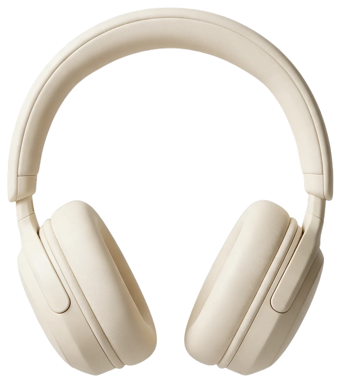 A pair of plain unmarked cream over-ear headphones viewed head-on.