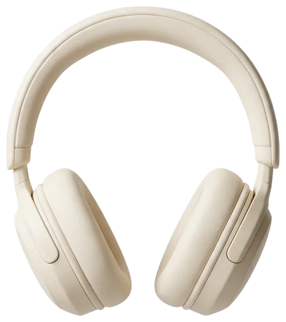 A pair of plain unmarked cream over-ear headphones viewed head-on.